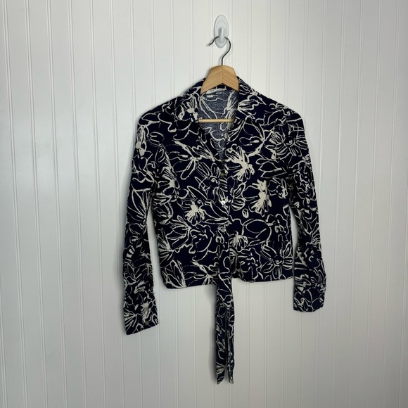 Panama Jack Top Small Women Navy Blue White Floral Long Sleeve Linen Breathable - Picture 1 of 9